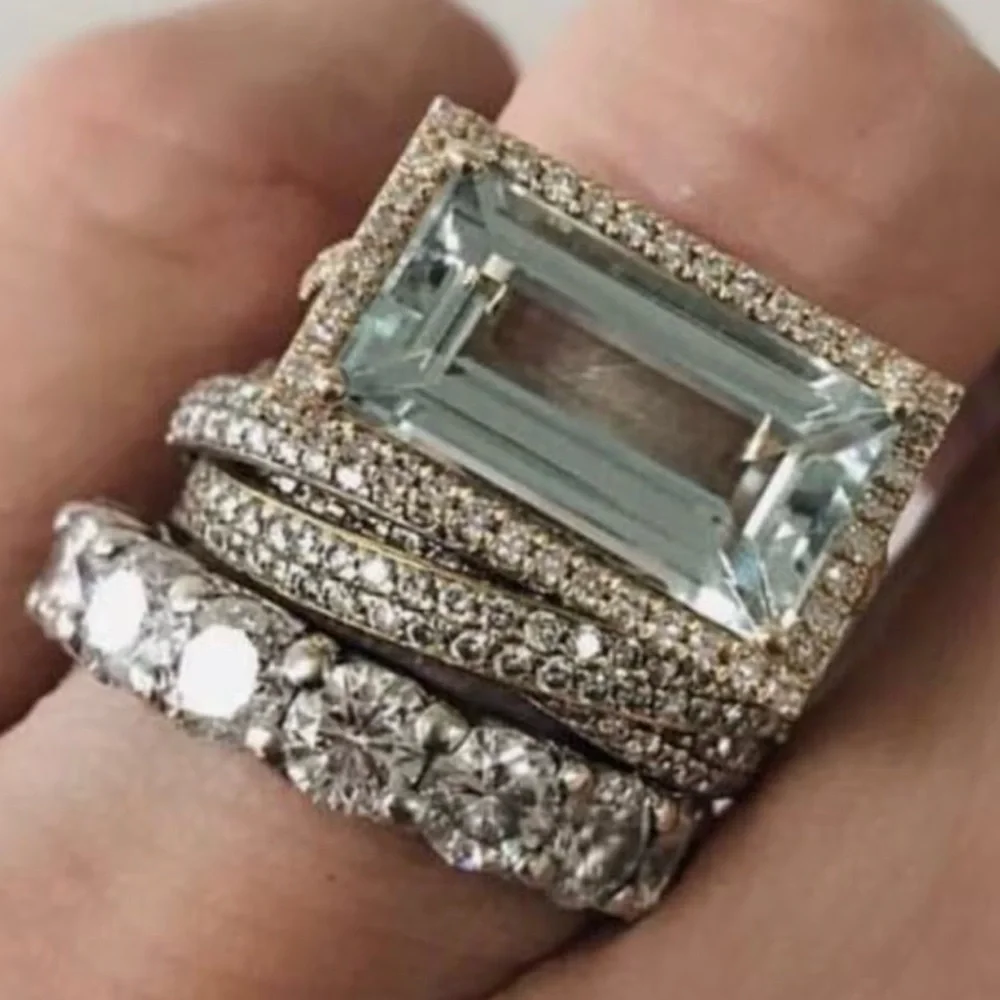 Aquamarine and Diamond 3 Ring Statement Stacked Ring Set - Women Jewelry Size 8